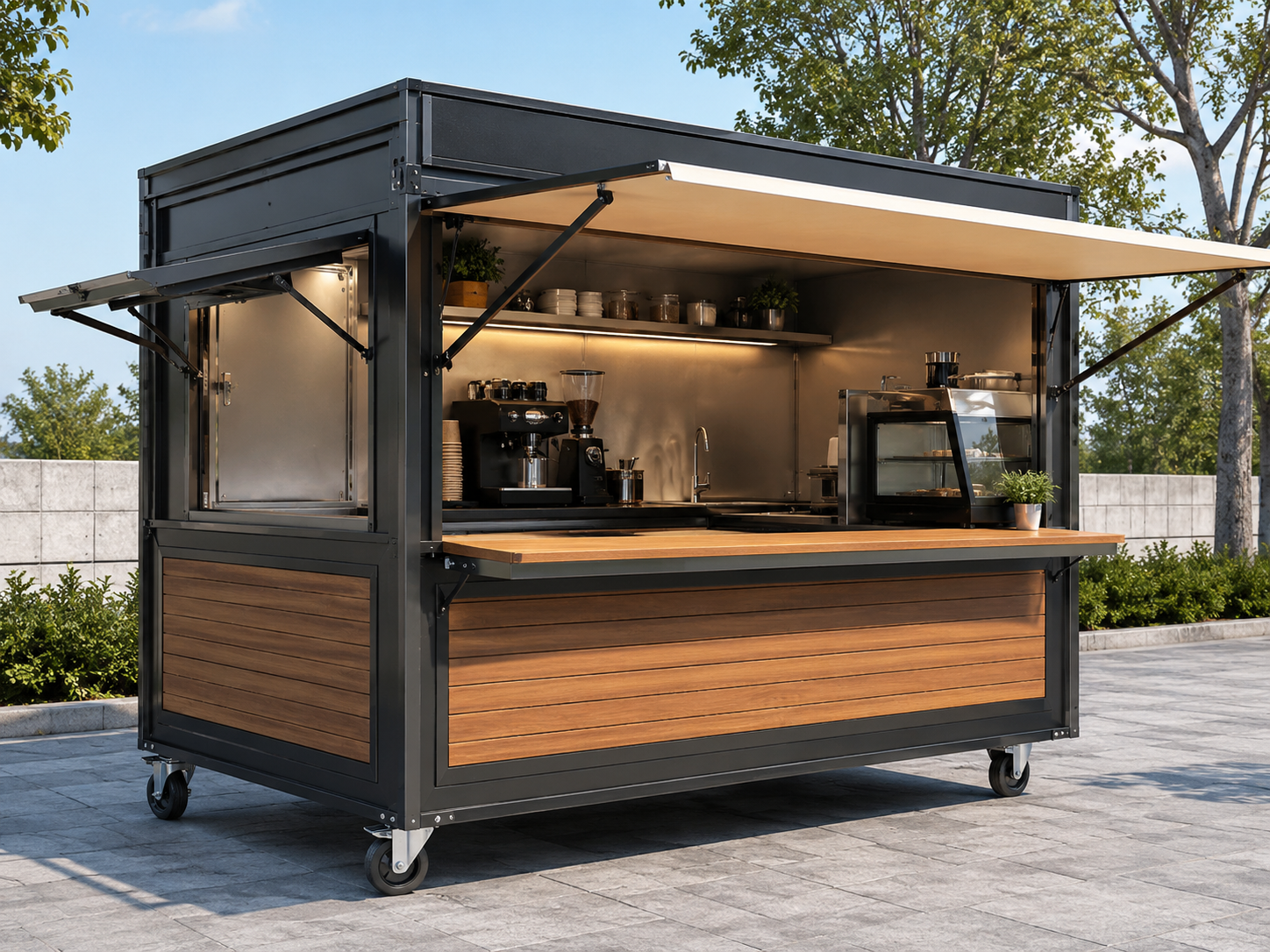 Jasa pembuatan booth container outdoor custom dengan kanopi panel rangka dan folding window