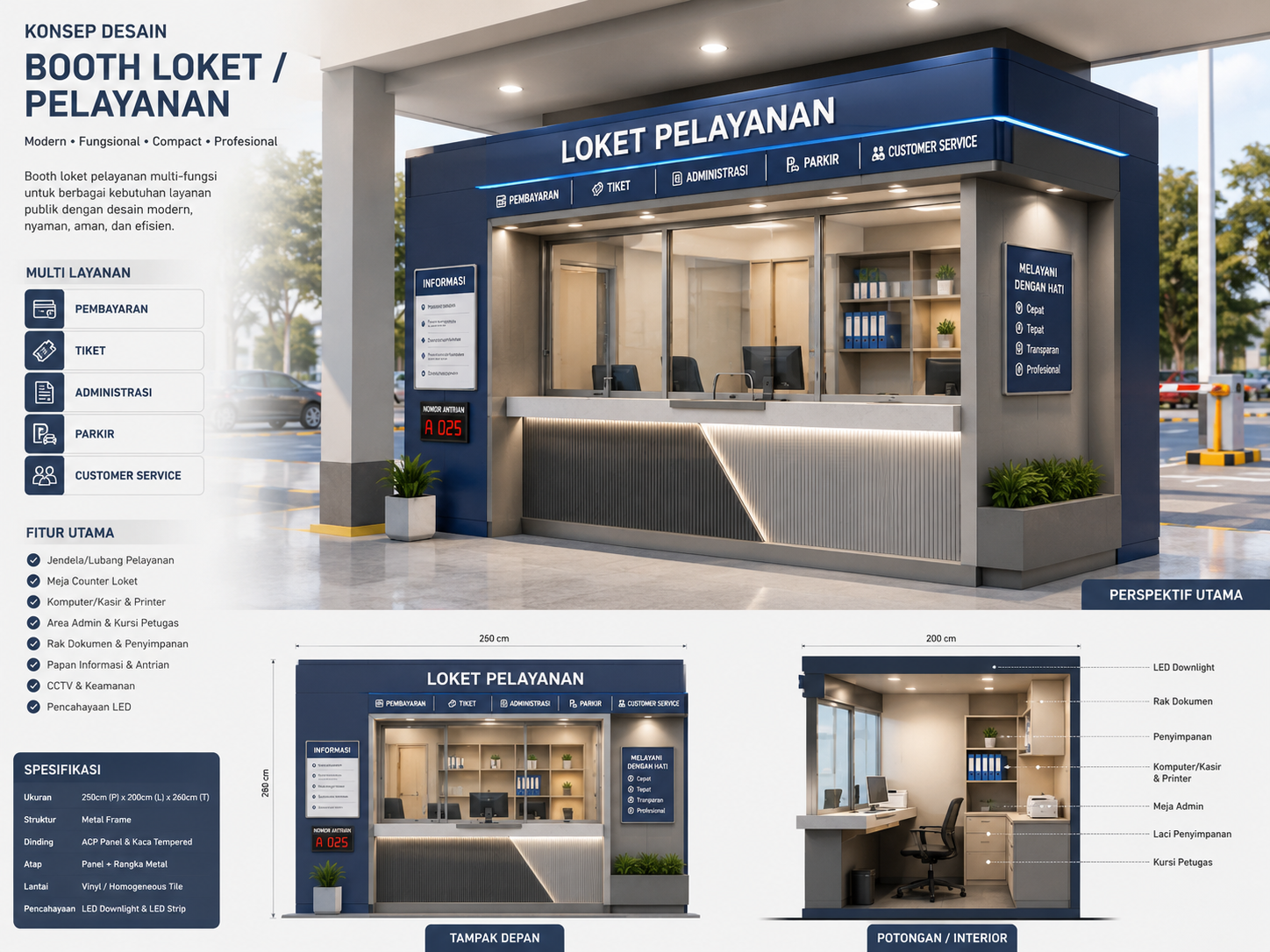 Jasa pembuatan booth container loket pelayanan custom untuk tiket pembayaran dan administrasi
