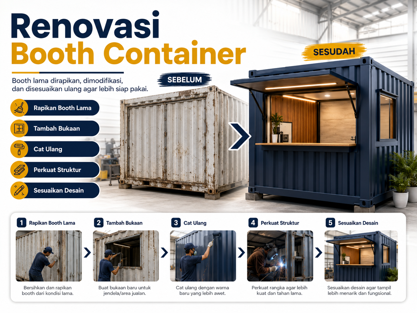 Jasa renovasi booth container lama agar lebih rapi kuat dan siap digunakan kembali