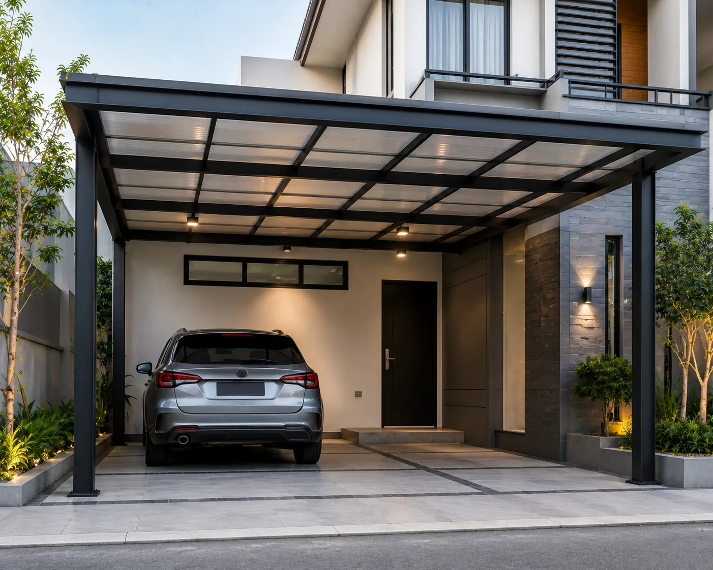 Kanopi carport dan garasi rumah dengan tampilan rapi